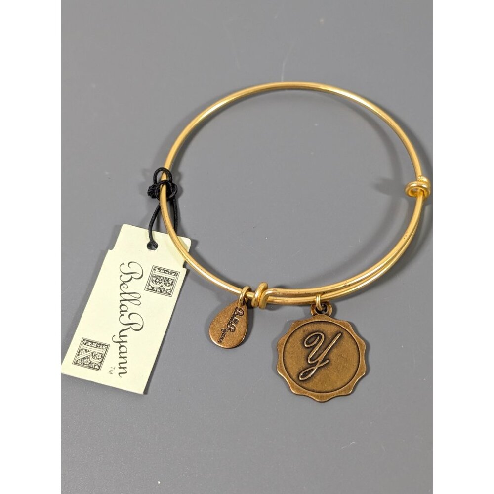 Bella Ryann Initial Letter Y Charm Bangle Bracelet Stacking Antiqued Gold Tone